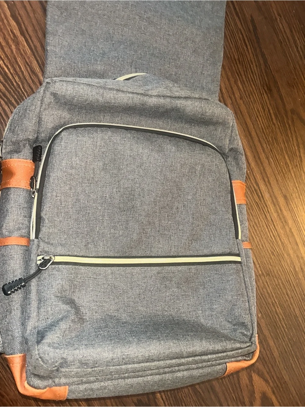 Gray Canvas Backpack with Tan / gold Accents with gold hardware - laptop